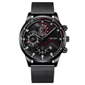 All-black men's business watch with Milanese mesh strap and multi-dial chronograph - Black Dial Black Pointer Black Case