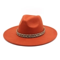 Detail of wide brim rust red wool fedora hat featuring an ethnic woven decorative band - M (56-58cm) / Caramel color