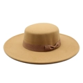 Elegant camel wool felt boater hat with a dark brown ribbon and side bow detail - M (56-58cm) / Camel