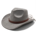 Western grey suede cowboy hat with brown ethnic embossed leather band in 45-degree view - M (56-58cm) / Grey Suede