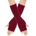 Burgundy cable knit fingerless gloves and long arm warmers worn by a model - One Size / Burgundy