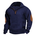 Detail eines dunkelblauen Waffelstrick-Hoodies mit braunen Ellbogen-Patches und Reißverschluss - S / Marineblau