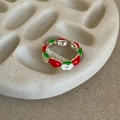 Anillo abierto de manzana creativo en metal plateado con dijes de esmalte de colores - Hoja Roja Manzana Verde Pequeña