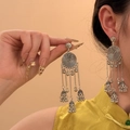 Silver ethnic vintage tassel earrings with delicate bells and swirl pattern details - 3# Silver Color With Silver Earring Post