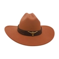 Rust brown western cowboy hat with wide brim and golden longhorn bull emblem - Khaki