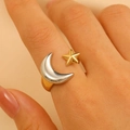 Two-tone celestial open ring featuring silver moon and gold star accents on finger - 18K Gold Star-Moon Patchwork (WG0-1180)