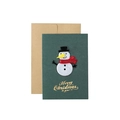 Green Christmas card featuring a 3D snowman, gold text, and a kraft paper envelope - Green - Christmas Snowman