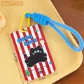 Cartoon Kartenhalter mit roten Streifen, schwarzer Katze und blauem Schlüsselband - 4# Glückliches Kätzchen