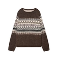 Gezellige bruine gebreide trui met geometrische jacquardpatronen en zachte mohair textuur - S / Bruine jacquard