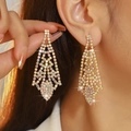 Golden long fringe earrings with colorful rhinestones on female model - Gold Colorful Geometric Tassel Style (DTE1316632GL-WAB)