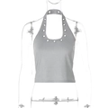 Dettaglio del top a fascia argento con decorazioni ad occhielli metallici sul collo - Taglia S / Grigio chiaro