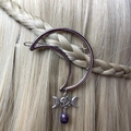 Moon shaped hair clip with silver stars and purple crystal pendant on blonde hair - Moon Pentagram Double Moon Amethyst Pendant