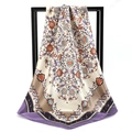 Elegant ivory and purple floral satin square scarf with bohemian print on black stand - Splendid Flowers Purple (SD90-20-2)