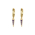Detailed close-up of golden geometric triangle earrings with inlaid purple crystals - Purple Zircon