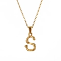 Gold stainless steel S letter pendant necklace with bamboo texture and thin O-chain - Letter S