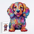 Artistic dog shaped wooden puzzle in size S with colorful floral patterns and white box - F06 Floral Dog - Size S