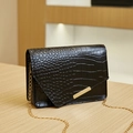 Black crocodile embossed small square shoulder bag with gold chain and metal buckle - Black