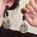 New Chinese style drop earrings with black bamboo pattern and iridescent shell pendant - 7# 925 Sterling Silver Earring Post - Black & Coffee