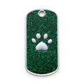 Silver rectangular dog ID tag with green glitter finish and embossed paw print design - Chrome / Glitter Green
