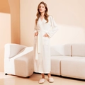 White waffle knit long bathrobe for couples with waist belt and front pockets - Milk White (Women)
