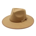 Classic camel wide-brim fedora hat with brown leather band and gold metal buckle - M(56-58cm) / Camel
