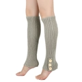Detail of light gray ribbed knit leg warmers featuring three vintage wooden buttons - One Size / Light Gray