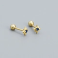 Gold eight-pointed star earrings with dark blue center stone and screw ball backings - Gold (Blue Zirconia)