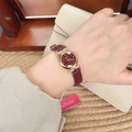 Elegant gold vintage ladies quartz watch with red leather strap and round burgundy dial - Gold/Deep Red (Round Crystal Markers Mishali)
