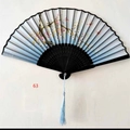 Japanese style bamboo folding fan with pink cherry blossoms and light blue tassel - Black Ribs Style 63