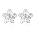 Elegant silver stainless steel 3D flower stud earrings with 18K plating on white background - Textured Flower Earrings Steel (MS-499)