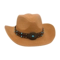 Brown hand-woven cowboy straw hat with turquoise beads and metal flower buckles decoration - Khaki