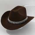 Dark brown western cowboy hat featuring silver chain decoration and colorful rhinestones - Dark Coffee