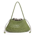 Olive green hand-woven leather tote bag with drawstring closure and slim shoulder strap - Matcha Green