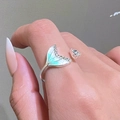 Silver open ring with blue fishtail design and water drop zircon on model finger - Silver Flexible Fishtail Ring (1495)