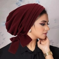 Burgundy velvet turban hat for women featuring a large bow and pleated design - Burgundy