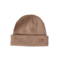 Detailed view of brown ribbed knit beanie featuring elastic cuff and small side patch - M (56-58cm) / Khaki