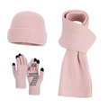 Pink winter knit set with ribbed hat, long scarf, and touch screen gloves for women - Three-Piece Set / Pink
