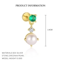 Classic S925 sterling silver gold earring with green zircon and white pearl drop - E4886-Gold/Single Piece