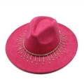 Macro detail of the sparkling rhinestone fringe trim on a rose pink suede fedora hat - M (56-59cm) / Rose Red