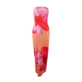 Close-up of tropical floral print on orange strapless dress showing pink and red flowers - Orange