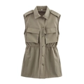 Robe gilet sans manches kaki pour femme avec poches à rabat et col montant classique - XS / Kaki