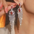 Luxurious silver tassel earrings with red marquise gemstones and shimmering crystals - Red Silver Marquise Stone Tassel Earrings DTE1616881R