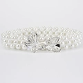 Elegant white triple-row pearl waist belt featuring a silver rhinestone butterfly buckle - Silver Double Butterfly Buckle