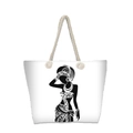 Sac de plage blanc en toile avec imprimé silhouette africaine et poignées en corde - Silhouette de Costume Ethnique (jiayingstb51)