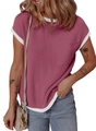 T-shirt rose poudré en maille côtelée avec col blanc et poche poitrine - Rose rouge