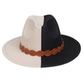 Two-tone wool felt fedora in beige and black with a brown braided decorative band - Black Beige Patchwork With Belt