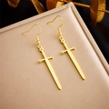Golden sword-shaped stainless steel earrings on a textured jewelry box display - Sword Shape Style (E5785 Gold)