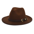 Detail of dark brown wool fedora hat featuring a slim leather belt and vintage gold buckle - M (56-58cm) / Coffee