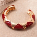 Chunky gold geometric open cuff bracelet with deep red enamel and engraved texture - Narrow Version / Red
