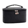 Portable black PU leather toiletry bag with vertical stripes and silver zippers - Black